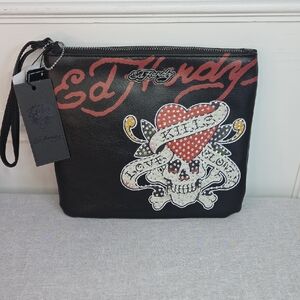 Ed Hardy Black Pouch with Skull and Heart Design